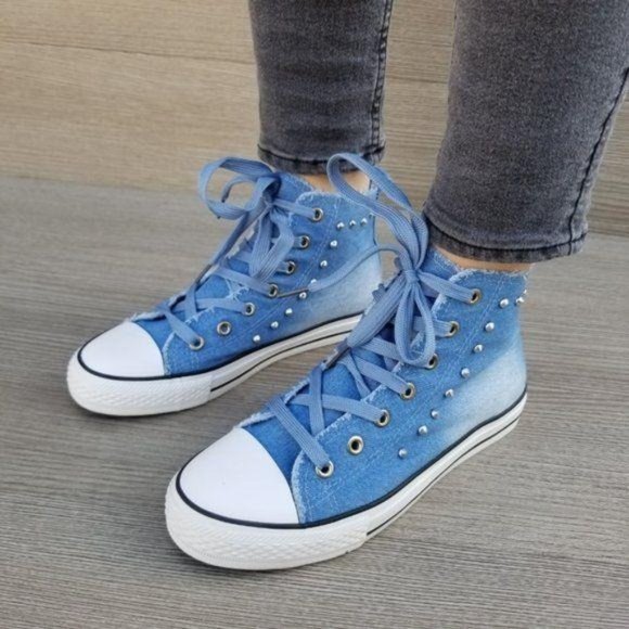 Jean High Top Fashion Sneakers W/ Metal Studs - Picture 3 of 8